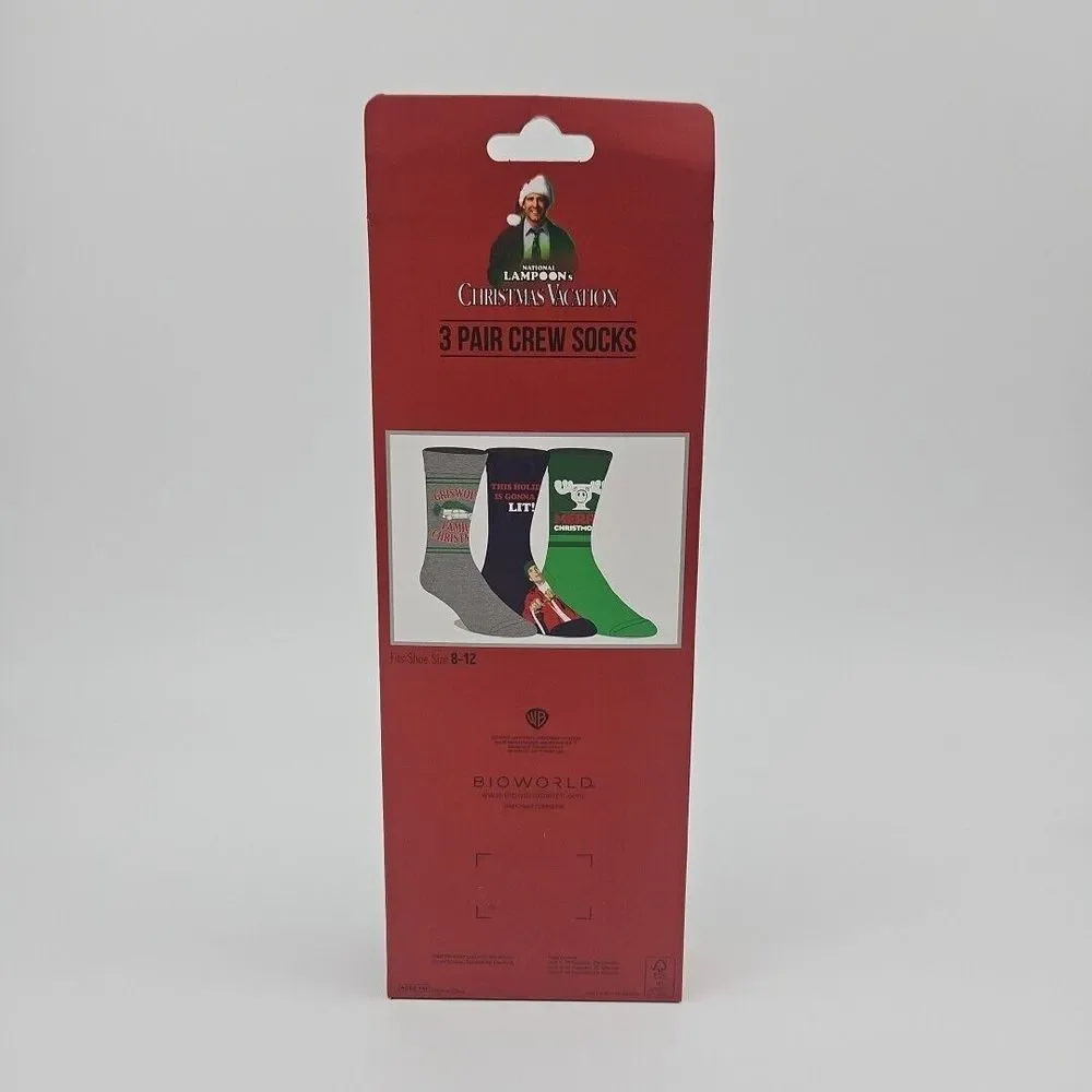 National Lampoon's Christmss Vacation Crew Socks 3 Pack Size 8-12 Holiday Gift‎